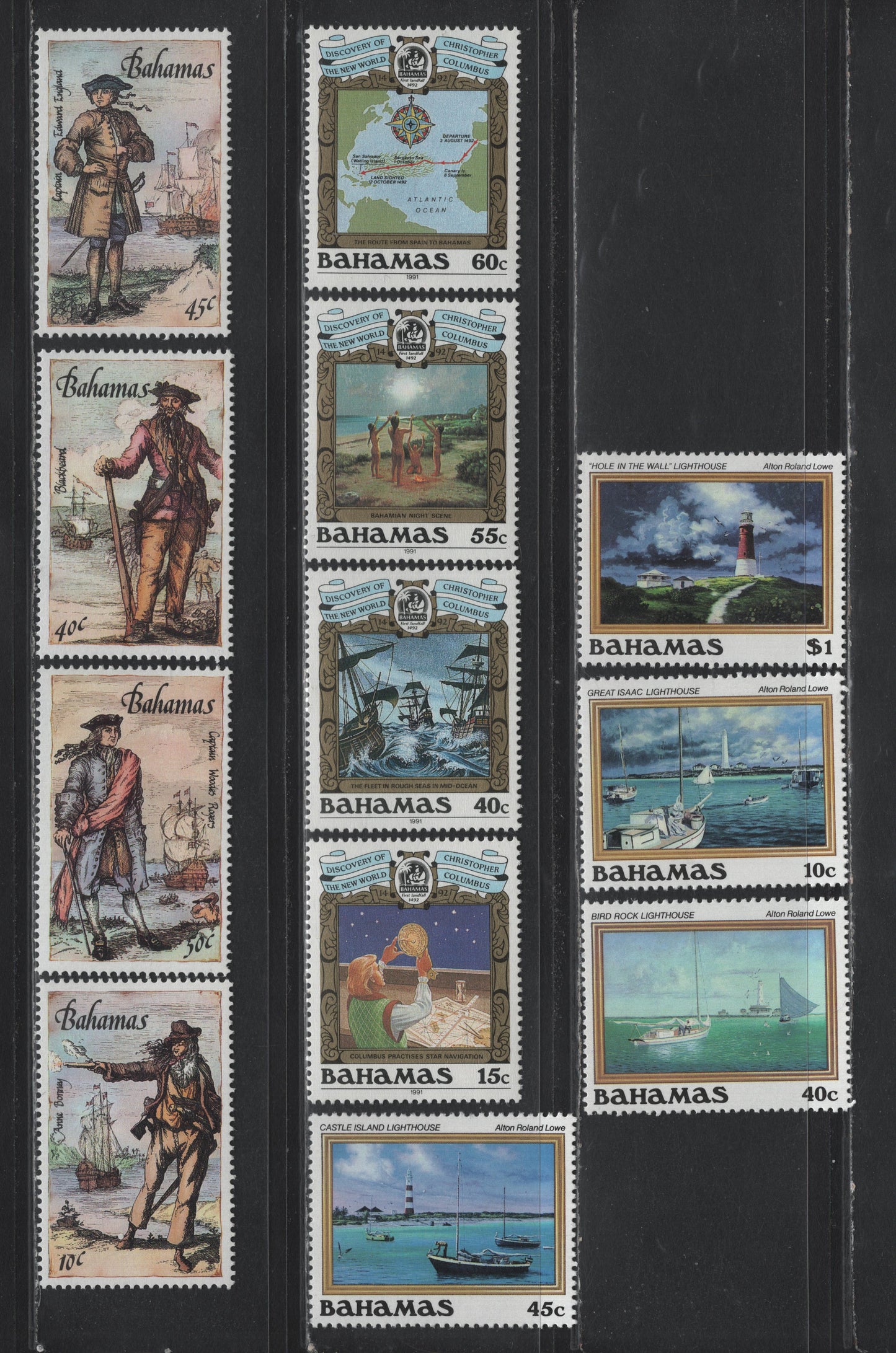 Lot 343 Bahamas (C) Gibbons#625-628, 630-633, 725-728 10c - 60c Multicolored , 1987-1991 Pirates of the Carribean - Discovery of America Issues, 12 VFOG Singles