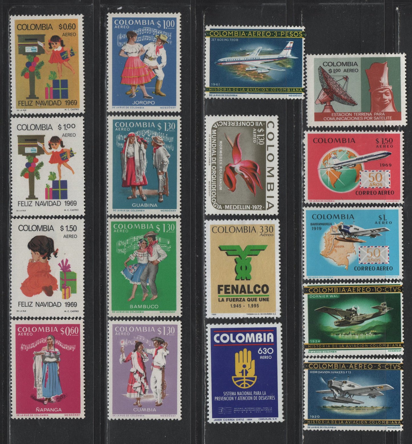Lot 350 Ireland (C) Gibbons#C471-C472, C479, C520-C521, C523-C526, C533-C537, C572, C862, C873 5c - 330p Multicolored , 1965-1995 History of Columbian Aviation - 50th Anniv of Fenalco Issues, 17 VFOG Singles