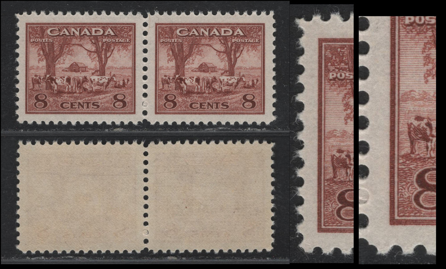 Lot 406 Canada #256 8c Deep Lake Red Farm Scene, 1942 King George VI War Issue, A VFNH Pair On CBN-N Paper, Perf 12 Showing Very Slight Re-Entry Of Left Frameline On Left Stamp