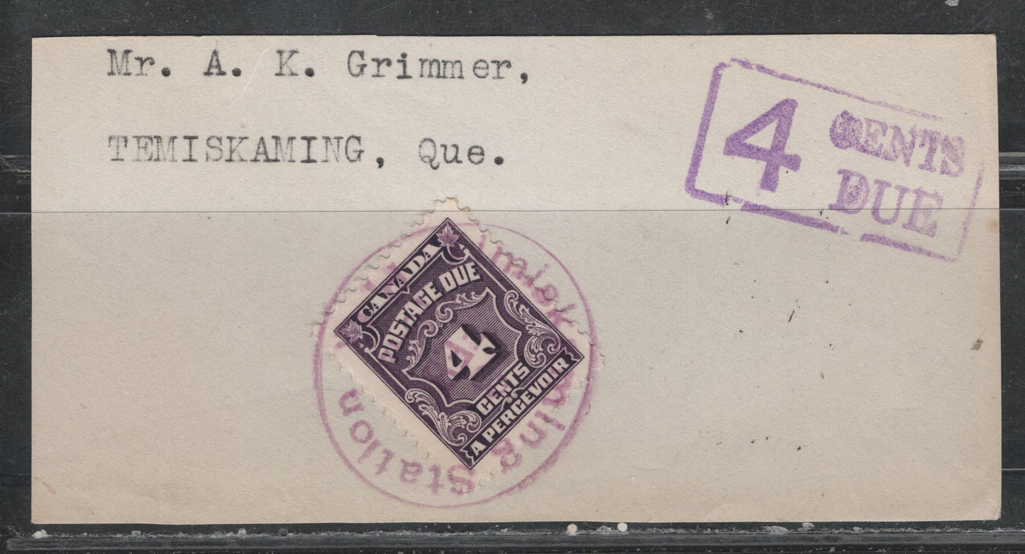 Lot 360 Canada #J17 4c Deep Rose Lilac , 1935-1965 4th Postage Due Issue, A VFNH Single, Tied To Small Piece Violet Temiskaming Station, QC Cancel & Violet Boxed '4 Cents Due' Handstamp .