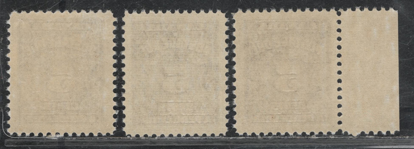 Lot 361 Canada #J18 5c Dull Violet - Deep Rose Lilac , 1935-1965 4th Postage Due Issue, 3 VFNH Singles, Scarce Low Fluorescent (CBNE-F, CBNE-Q & CBNE-R) Papers, Perfs 11.9x12 and 12x11.9, Much Scarcer Compared To DF Papers.