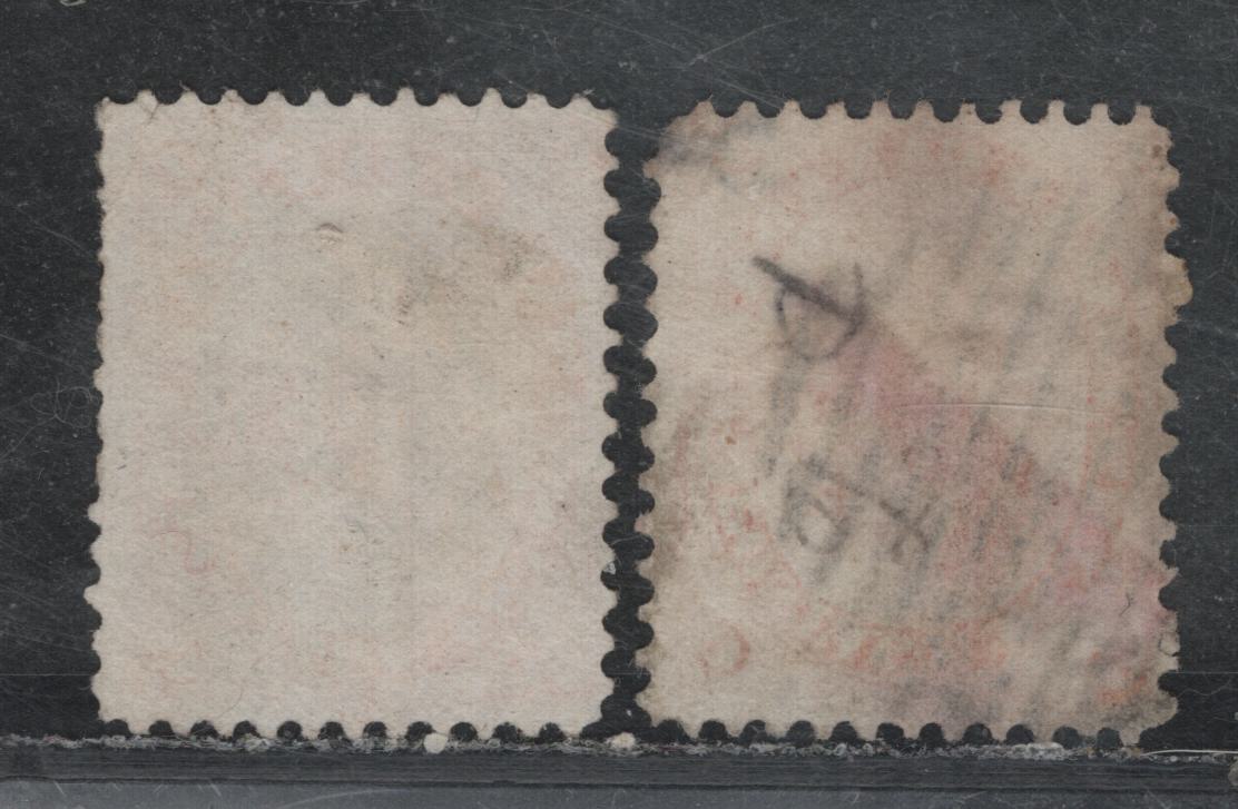 Lot 378 Canada (C) #15, 15ii 5c Vermillion - Orange Red , 1859-1864 First Cents Issue, 2 Fair/Very Good Used Singles, Cents-D & Cents-III Papers, Perfs 12x11.75&12, Light Corner Crease At UL & Short Perfs On Orange-Red Stamp.