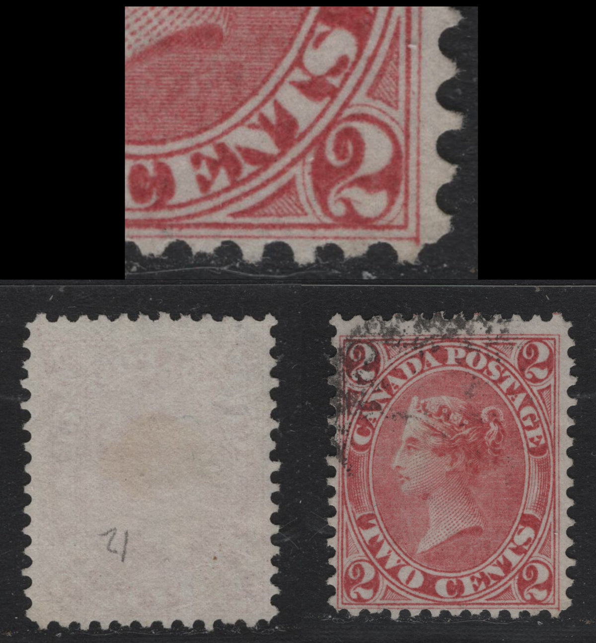 Lot 369 Canada #20v 2c Claret Rose , 1859-1864 First Cents Issue, A Fine Used Single, Perf 12, Cents-QQQ, Showing Dash IN Lower Right '2'.