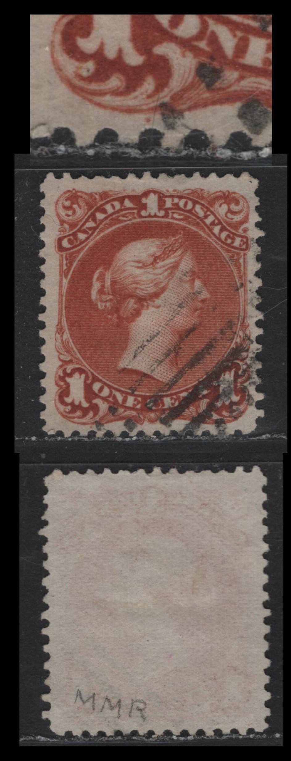 Lot 307 Canada #22b 1c Brown Red , 1868-1876 Large Queen Issue, A Very Fine Used Single, Thin Paper With Clear Mesh (FO-T), Perf 12, Shows The Guide Dot Below The Third Scallop Of The LL Ornament.