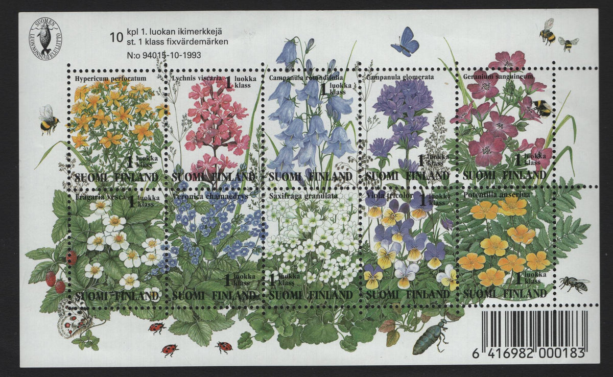 Lot 384 Finland SC#941 1st Class Multicolored , 1994 Wildflowers Issue, A VFNH Complete Sheetlet Of 10