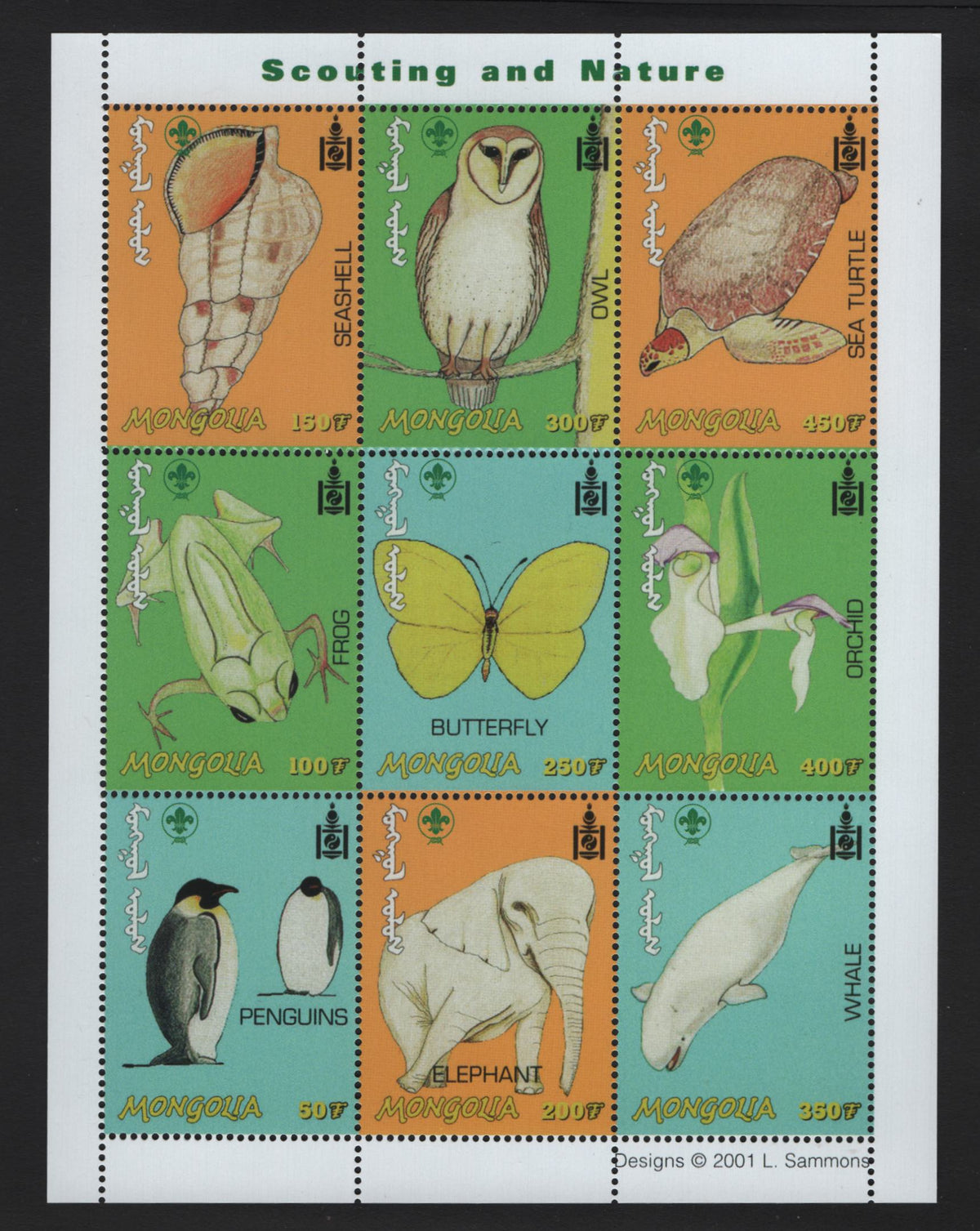 Lot 397 Mongolia (C) SC#2499 50t-400 Multicolored , 2001 Scouting & Nature Issue, A VFNH Sheetlet Of 9