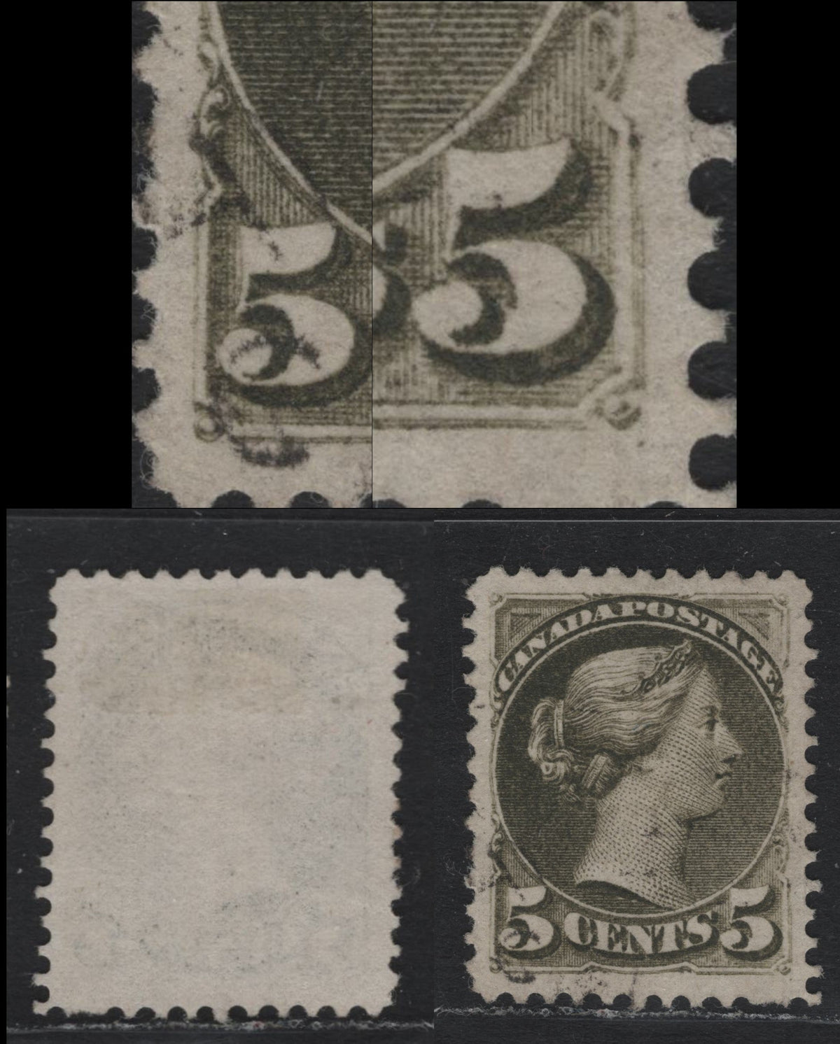 Lot 318 Canada #38avar 5c Olive Green , 1870-1893 Small Queen Issue, A Very Fine Used Single, Perf 11.75x12, Outer Column of the Sheet, Paper MM-F, Beautifully Centered & Lighest Possible Cancel, Unlisted Minor Re-Entry.