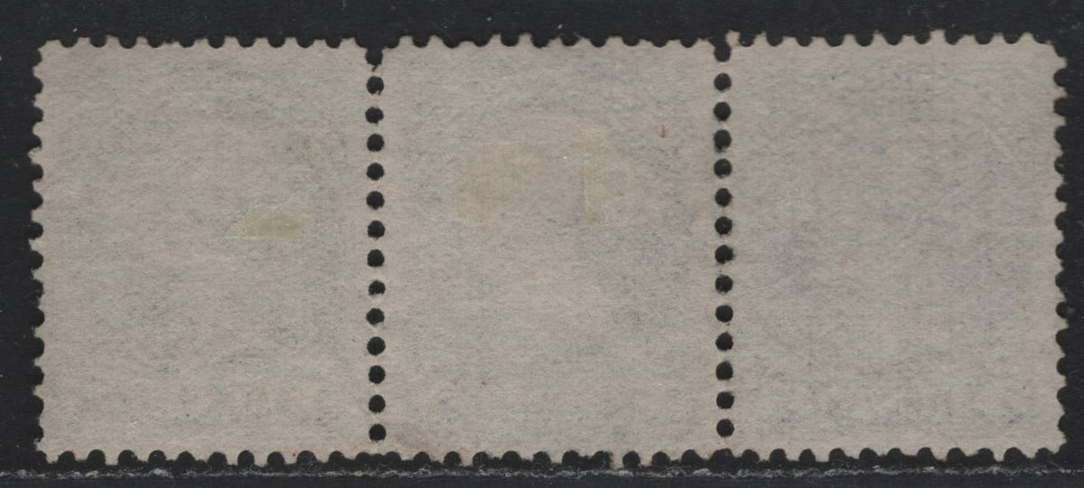 Lot 320 Canada #38avar 5c Slate Green , 1870-1893 Small Queen Issue, A Very Fine Used Horizontal Strip Of 3, Perf 11.6x12, MM-F Paper, VF Centering, But Medium Smudge Cork Cancels, OnlyThird Stamp Shows Pos. 2.