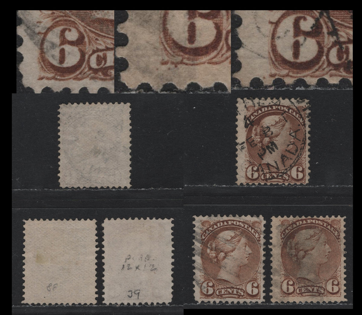Lot 325 Canada #39, 39d 6c Yellow Brown - Brown , 1870-1893 Small Queen Issue, 3 Fine Used Singles, Montreal Printings, Different Position Dot Configurations, Papers & Perfs