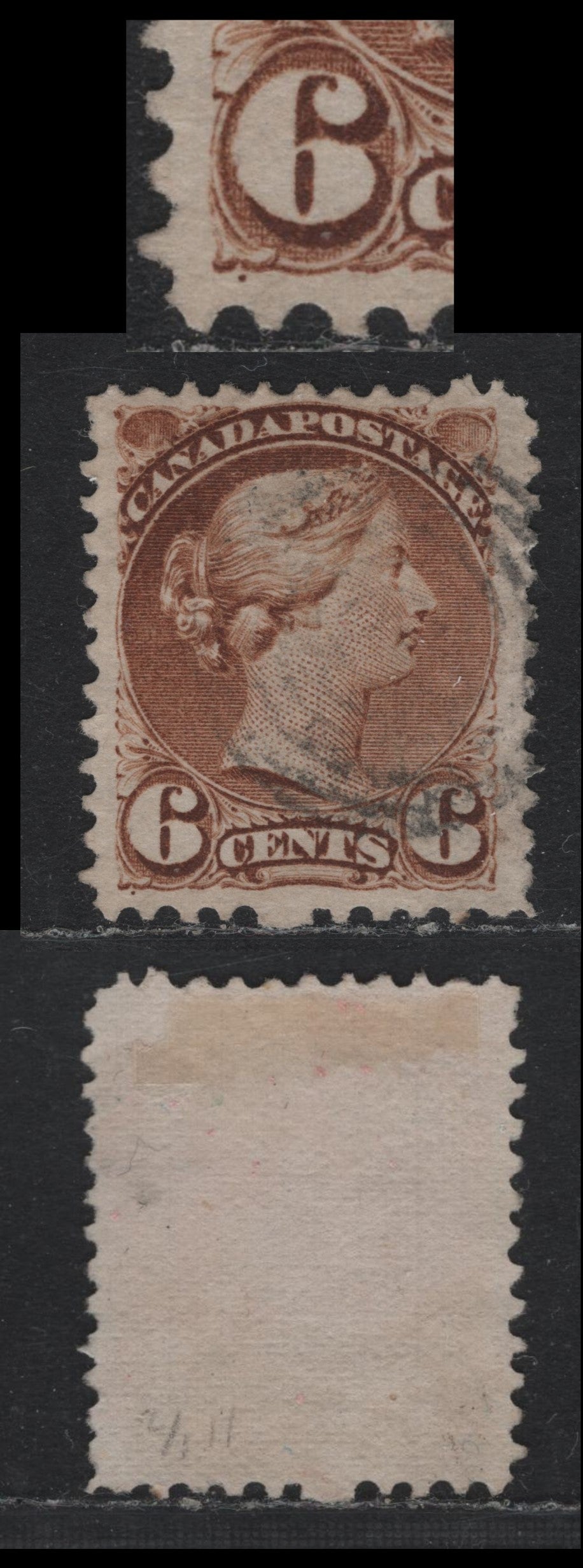 Lot 326 Canada #39b 6c Yellow Brown , 1870-1893 Small Queen Issue, A Very Fine Used Single, Perf 11.5x12, Mid Montreal Printing, Paper MM-Z, Beautifully Centered & Light Cancel, Single Pos. Dot At LL.