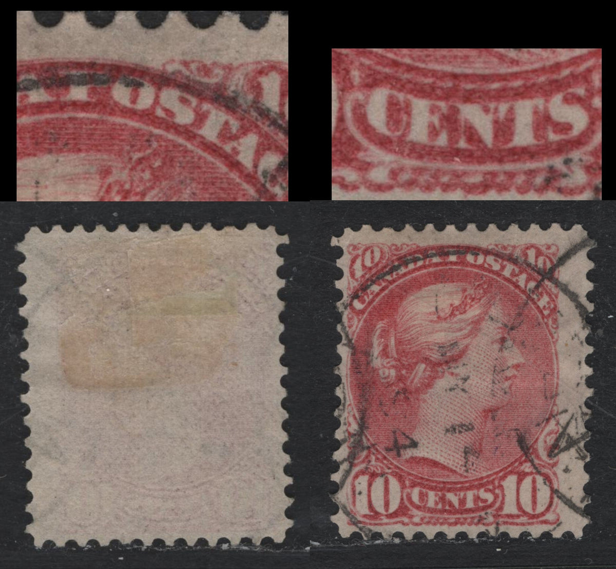 Lot 346 Canada #45a 10c Dull Rose , 1888-1897 Small Queen Issue, A Fine Used Single, Second Ottawa Printing, MG-H Paper, Perf 12, Showing Very Minor Re-Entry In The 'N' Of Cents & OS of Postage.