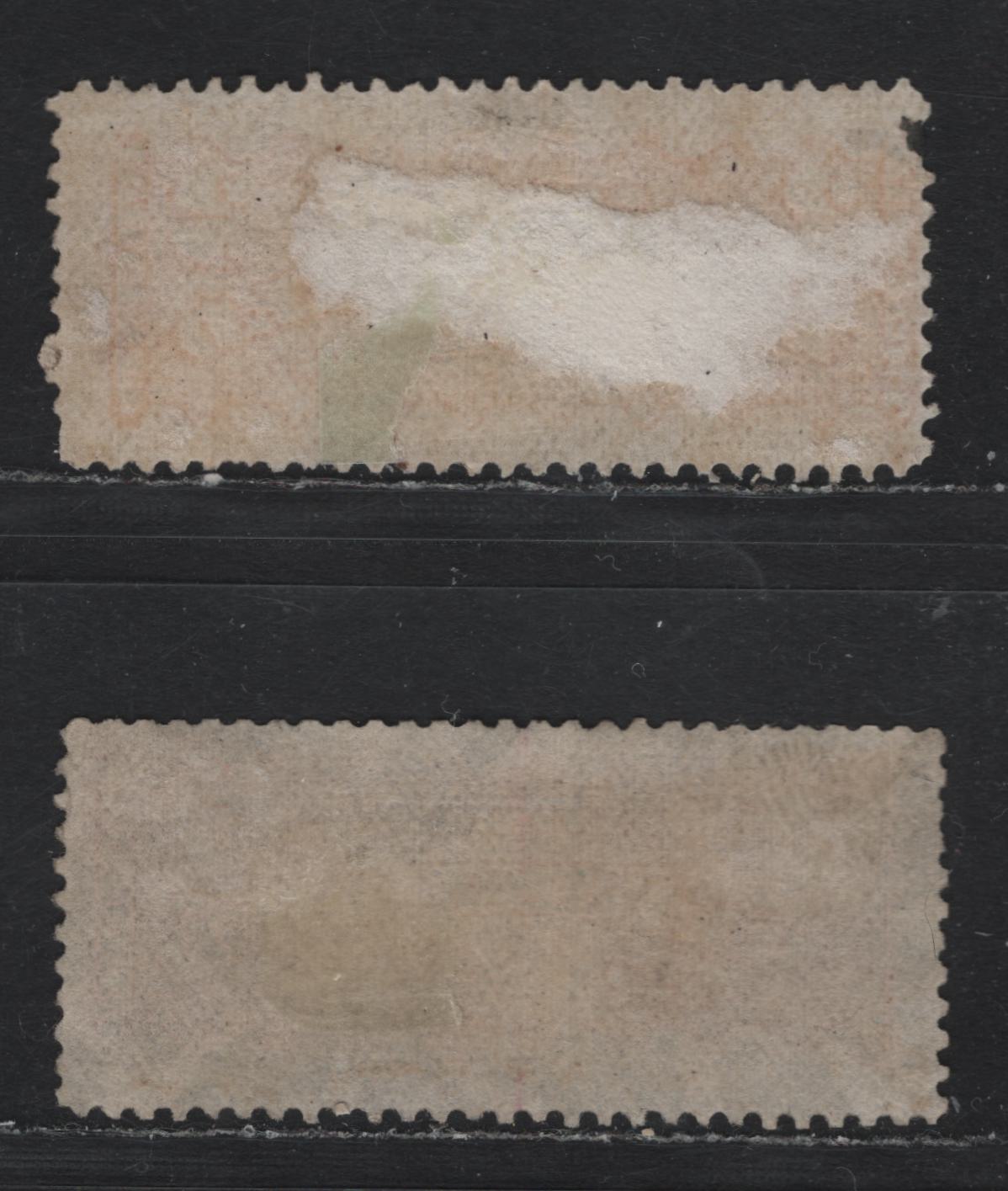 Lot 364 Canada #F1, F1var 2c Brown Orange (Oxidized) - Dull Red , 1875-1896 Registration Issue, 2 Very Good Used Singles, Mid Montreal Printings, Paper MM-Y, Perfs 12 & 12.1x11.75, Scarce Compound Perf Has A Pulled Perf At UL.