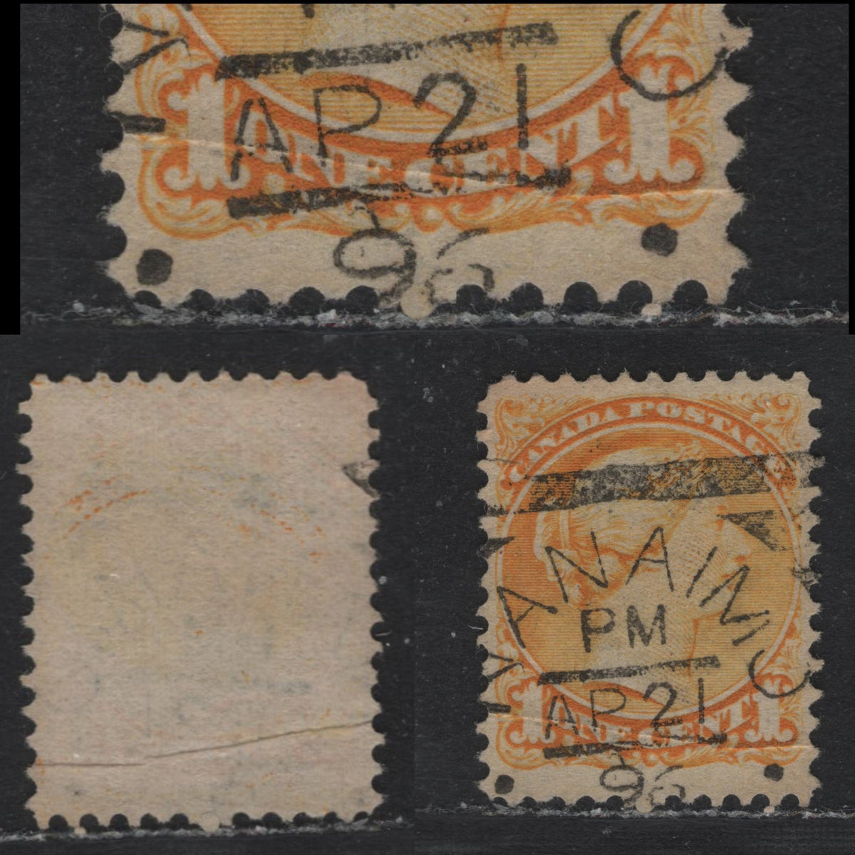 Lot 393 Canada (C)#35var 1c Yellow , 1870-1893 Small Queen Issue, A Fine Used Single, Second Ottawa Printing, 2O-L Paper, Perf 12x12.1, Pre-Printing Paper Crease Running Through Value, SON April 21 1896 Nanaimo Type 2 Squared Circle Cancel.
