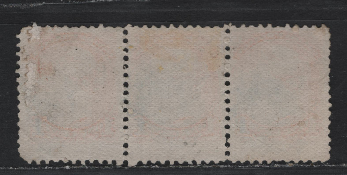 Lot 398 Canada #35d 1c Orange , 1870-1893 Small Queen Issue, A Very Good Used Strip of 3, Early Montreal Printing, MM-B Paper, Hitherto Unrecoreded Compound Perf Of 11.7x12,11.7x12 & 11.7x11.75, And Blue Cancels Are Scarce On this Issue.