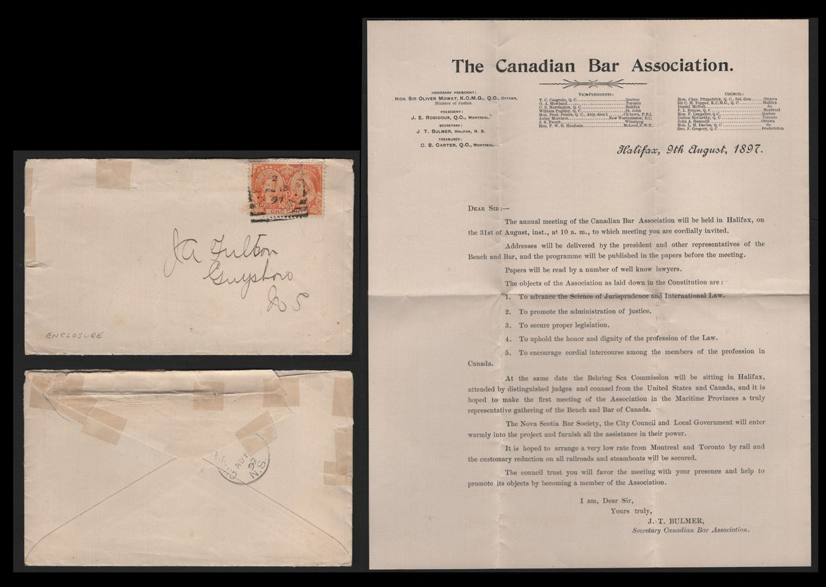 Lot 307 Canada #51i 1c Yellowish Orange , 1897 Diamond Jubilee Issue, A Very Fine Used Cover, Single Franking, Canadian Bar Association Cover To Guysboro, NS, Contains A Notice Of Meeting, Some Light Creasing Along The Backflap & Some Minor Edge Repairs.