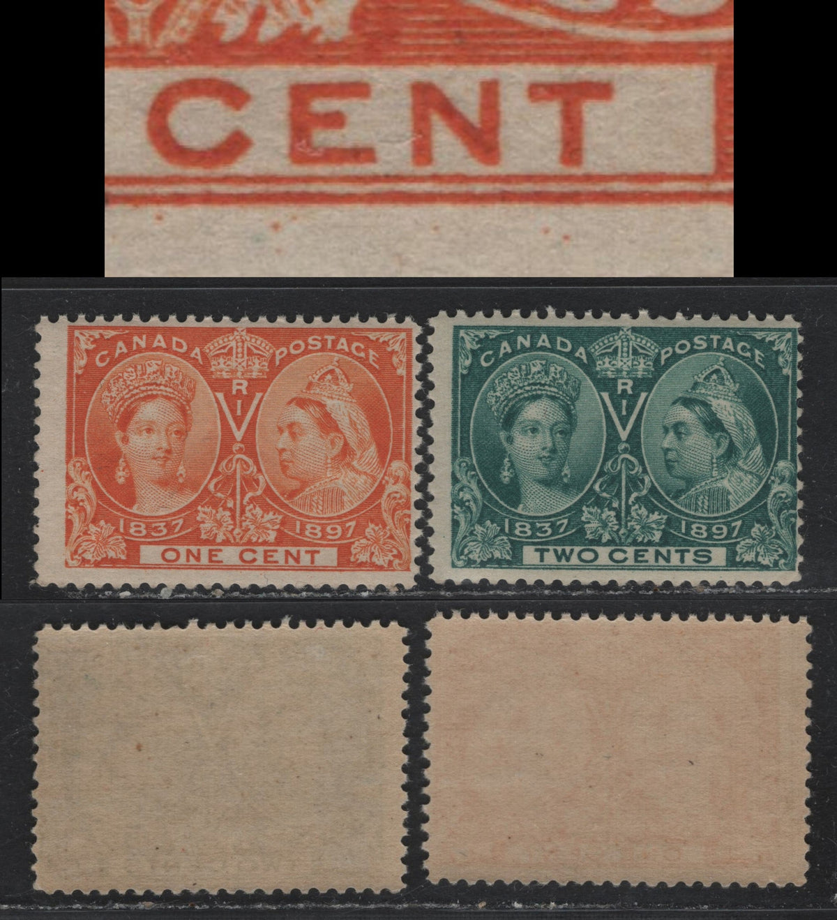 Lot 308 Canada #51var, 52 1c-2c Orange - Deep Green , 1897 Diamond Jubilee Issue, 2 FNH Singles, ABN-U Papers, Constant Variety On The 1c: 5 Minute Dots Below The Letters 'Cent' In The Margin