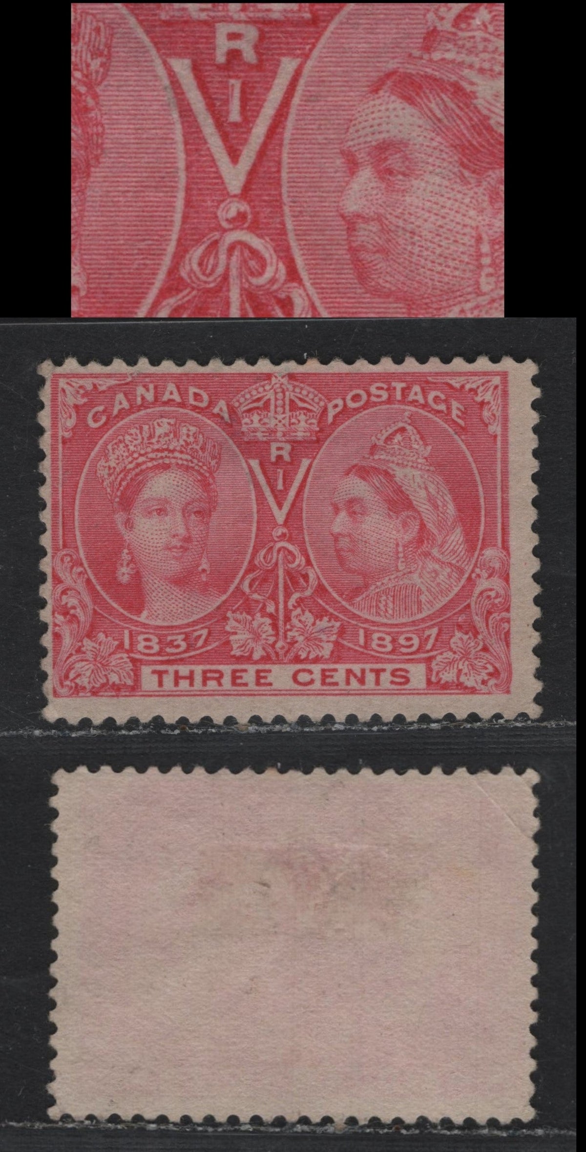 Lot 321 Canada #53i 3c Very Pale Rose , 1897 Diamond Jubilee Issue, A Very Good Used Single, ABN-V Paper, Perf12, Showing Unlisted Vertical Dash Inside I of RIV, Unlisted In Unitrade, Light Corner Crease In UL Corner.