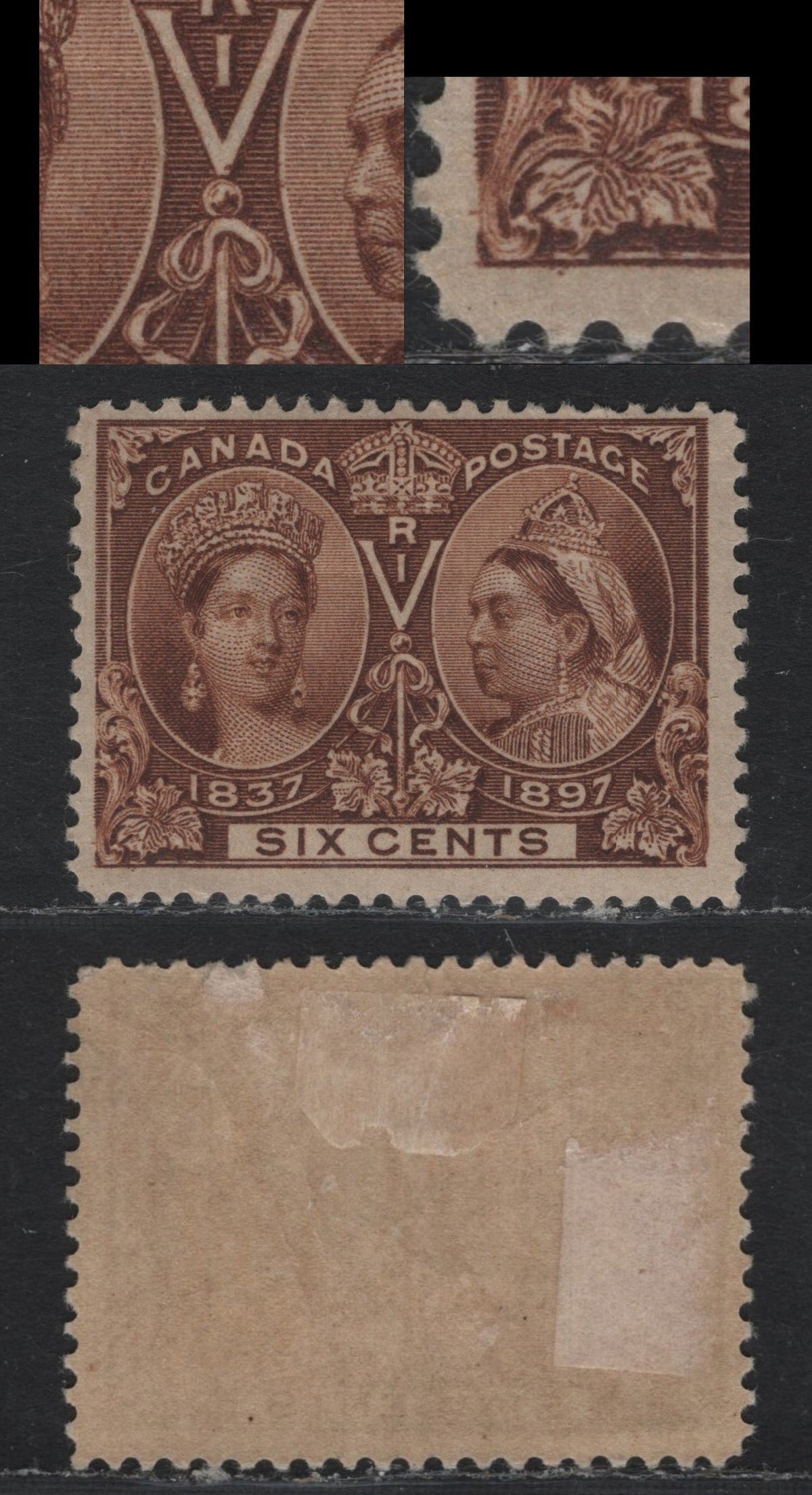 Lot 327 Canada #55var 6c Deep Yellow Brown , 1897 Diamond Jubilee Issue, A FOG Single, ABN-W Paper, Perf 11.9, Showing Small Dot In V And Two Small Dots On Each Side of LL Corner In The Margin.