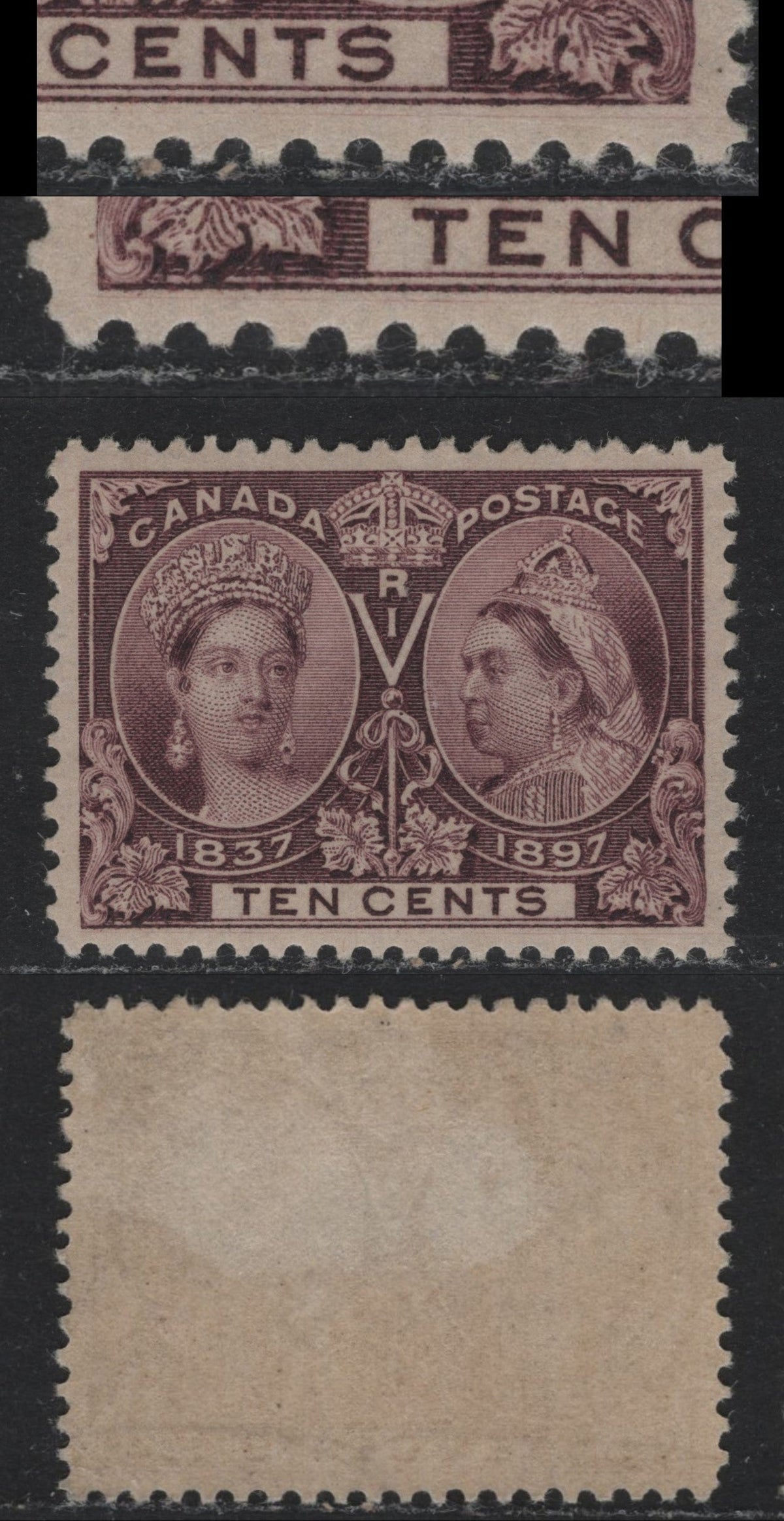 Lot 330A Canada #57var 10c Brown Purple , 1897 Diamond Jubilee Issue, A VFOG Single, ABN-W Paper, Perf 12, Showing A Faint Horizontal Guideline In The Margin Below the Lower Frameline, Only 150,000 Basic Stamps Were Produced.