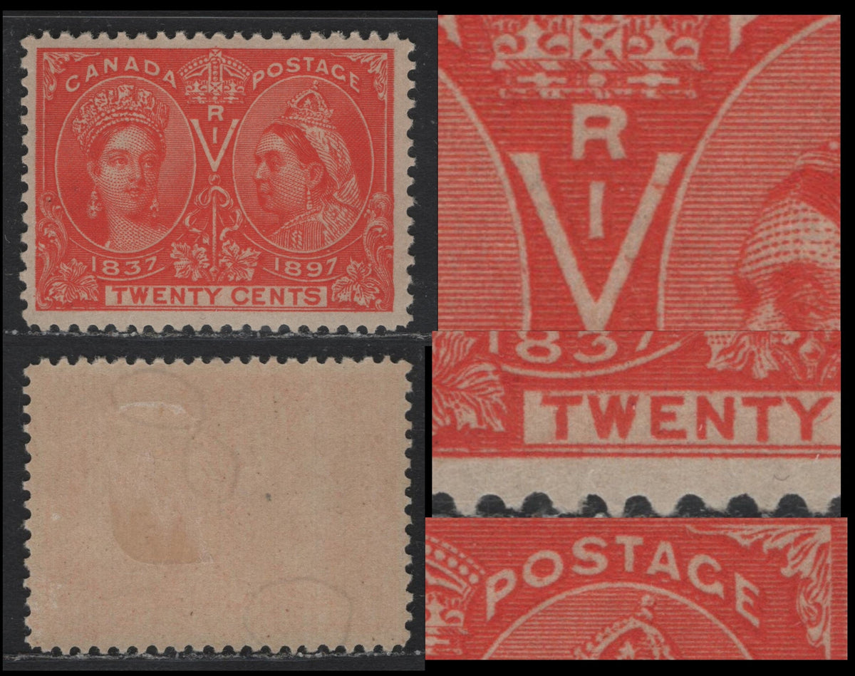 Lot 334A Canada #59var 20c Vermillion , 1897 Diamond Jubilee Issue, A VFOG Single, ABN-W Paper, Perf 11.95x11.8, Showing Faint Diagonal Dash Under Right Arm of Y, Small Smudge In U & Curved Line In O of Postage.