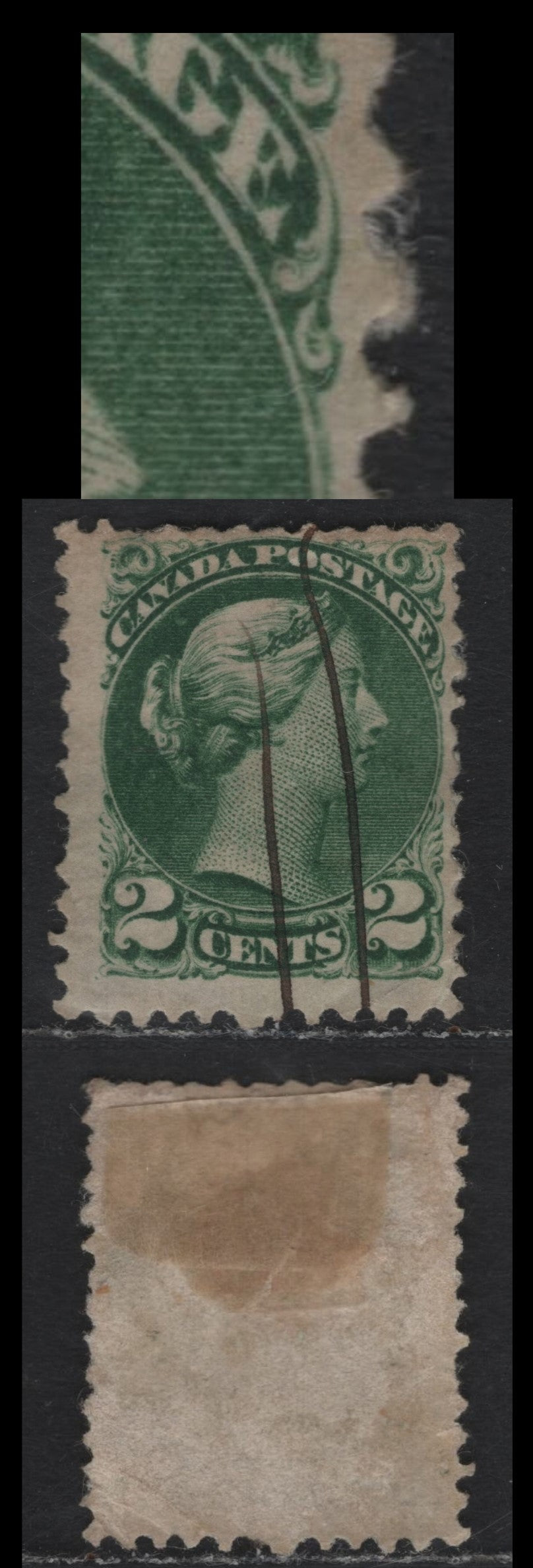 Lot 375 Canada #36e 2c Deep Green , 1870-1893 Small Queen Issue, An Ungraded Used Single, Montreal Printing, Perf 11.75x12, Unchecked As To Specific Paper Type, Showing Hairline In The Base Of E Of Postage, Heavy Corner Crease At LR.