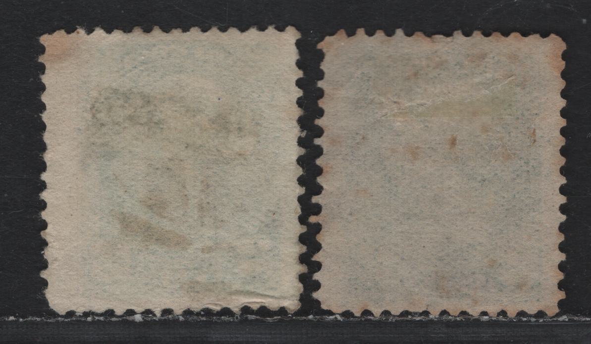Lot 376 Canada #36i, 36ii 2c Green - Bluish Green , 1870-1893 Small Queen Issue, 2 Very Good Used Singles, 2nd Ottawa Printings, Scarce Cork Cancels