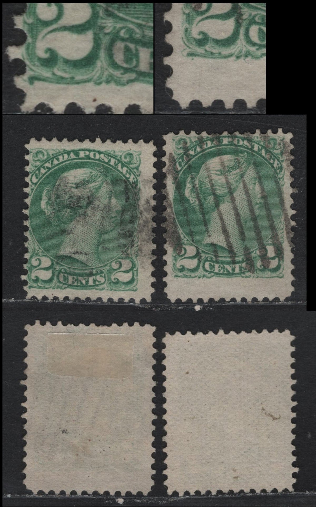 Lot 382 Canada #36 2c Dull Green , 1870-1893 Small Queen Issue, 2 Very Good Used Singles, Montreal Printings, Perf 12, or Some Variation Of, But Unchecked, Both Showing Large & Small Plate Pos. Dots.