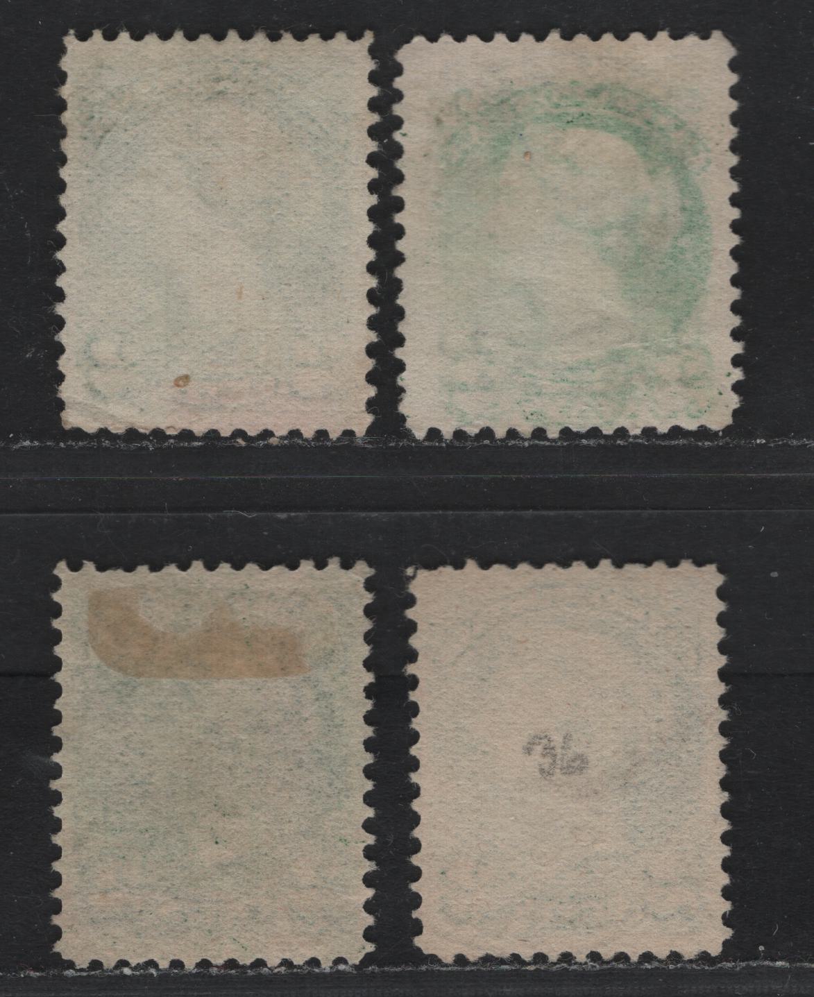 Lot 389 Canada (C)#36i, 36ii 2c Grass Green & Green , 1870-1893 Small Queen Issue, 4 Very Fine Used Singles, 2nd Ottawa Printings, Different Papers, Unchecked As To Specific Perfs.