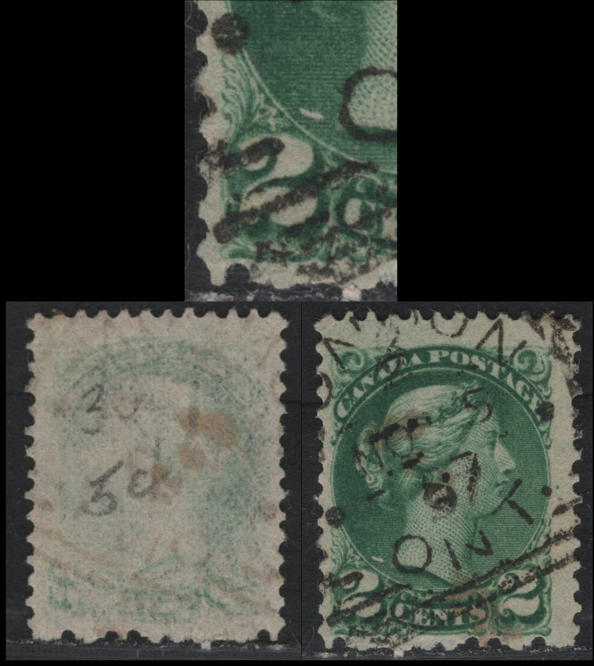 Lot 391 Canada #36i 2c Bluish Green , 1870-1893 Small Queen Issue, A Fine Used Single, 2nd Ottawa Printing, Thin, Soft Vertical Wove Paper, London Squared Circle Cancel, Showing White Dash to Left Of The Bust.
