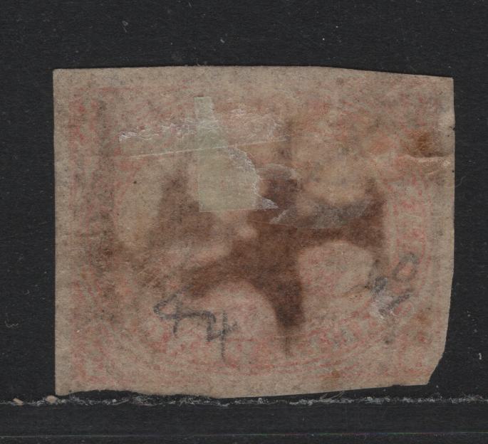 Lot 175 Canada #1a 3d Orange Red , 1851 Pence Issue, A Good Used Single, Horizontal Laid Paper (Pence-A), Laid Lines Readily Visible In Fluid, Full Margin At Right & Two Half Barjins At Top/Bottom, Mostly Clear At Left.