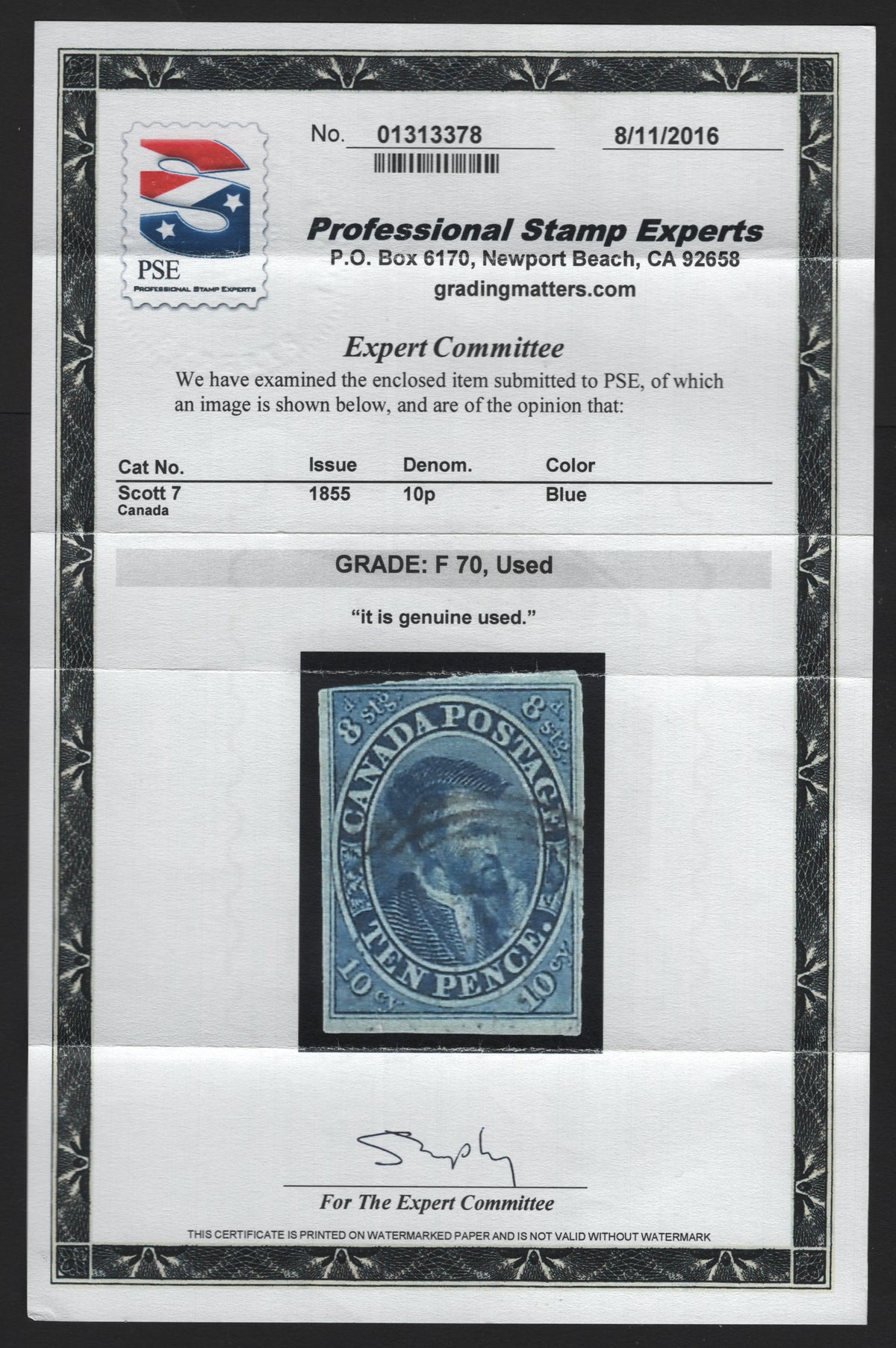 Lot 177 Canada #7 10d Blue , 1852-1857 Pence Issue, A Fine Used Single, Thin, Crisp Transparent Wove Paper (Pence-C), Clear Margins On 4 Sides to Just Barely Touching Outer Frameline At UL, Very Light 4 Ring Cancel, 2016 PSE Cert.