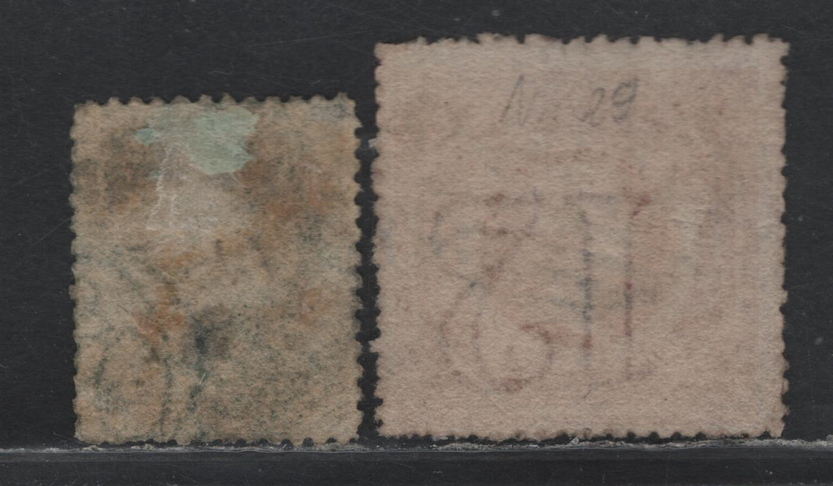 Lot 317 Australia - NSW SG#157a, 169 2d - 1/- Yellow Green - Carmine , 1860-1872 Diadem Issue, 2 Good/Fine Used Singles, Wmk 6 Instead of 3 (3d) & Inverted Wmk (1/-), Perf 13