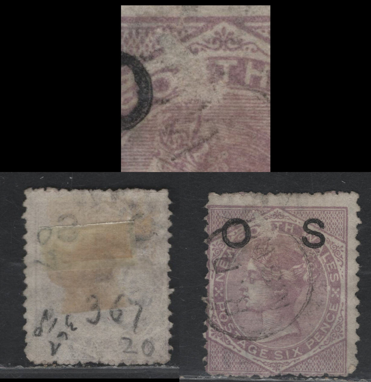 Lot 331 Australia - NSW SG#O8var 6d Pale Lilac , 1879-1885 De La Rue Keyplate & Overprinted OS Issue, A Very Good Used Single, Perf 13, Showing Freak Printing Flaw In Which A Portion Of The Design On 'South' Is Missing, May Be A Transient Flaw.