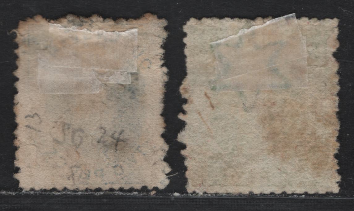 Lot 370 Australia - Queensland SG#13, 18 2d - 6d Blue - Yellow Green , 1860-1861 Chalon Heads Issue, 2 Fine/Very Fine Used Singles, Small Star Wmk, Rough Perf 14x16, Centering For 6d Is VF & The 2d Is Fine For This Issue.