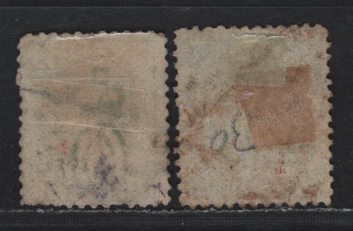 Lot 384 Australia - Queensland SG#99, 106 2d - 6d Bright Blue - Yellow Green , 1868-1874 Chalon Heads Issue, 2 Good/Fine Used Singles, Plate 2, 2 Pointed Crown Over Q Wmk, #96 Sunburst Cancel For Drayton & #214 Toowomba.
