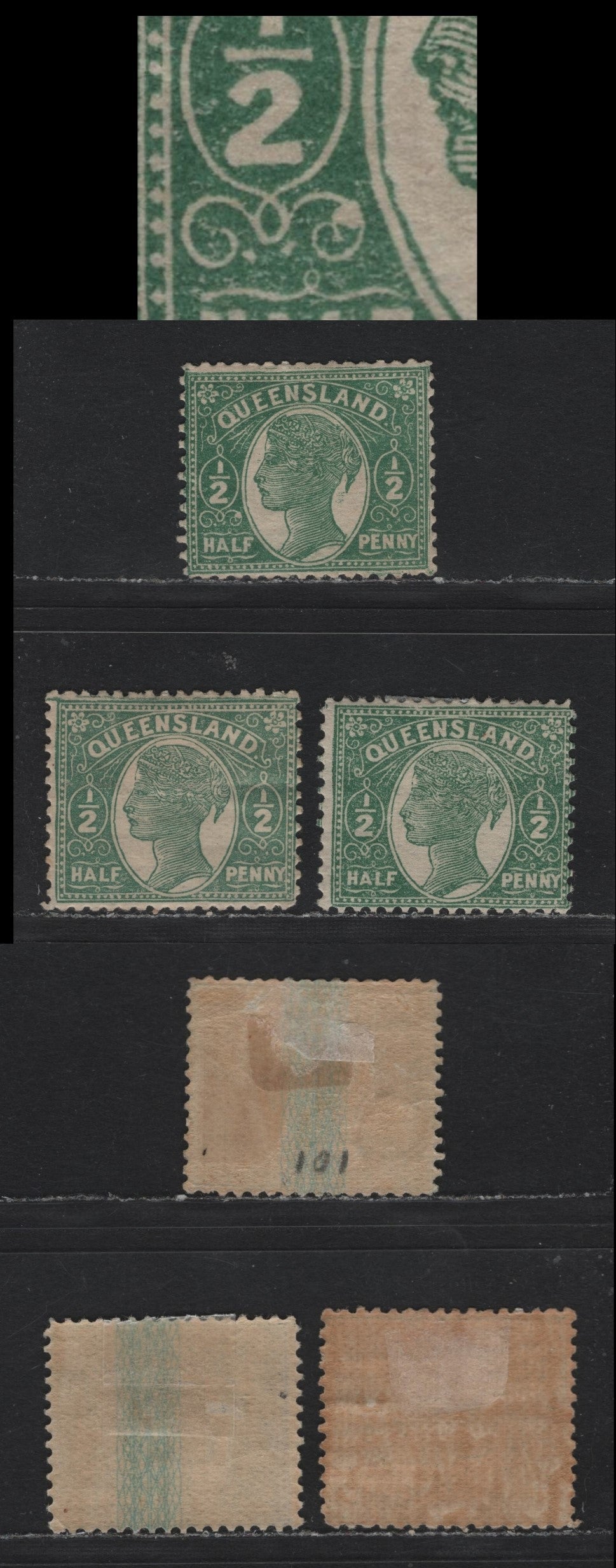 Lot 408 Australia - Queensland SG#208, 223 1/2d Green , 1895-1896 3rd Sideface Issue, 2 F/VFOG Singles, Sideways Small Crown over Q Wmk, Perfs 12.5 & 13, Two Examples Unwatermarked But Blue Burele Band On Back.