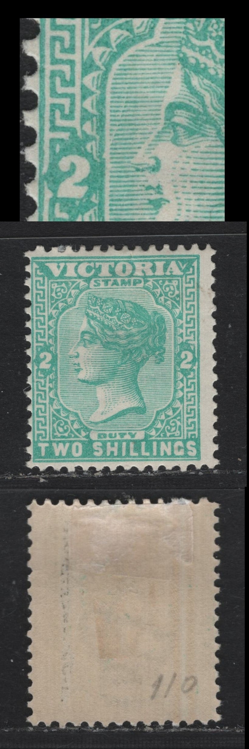 Lot 159 Australia - Victoria SG#304a (SC# 178) 2/- Blue Green , 1885-1895 Naish Design Stamp Duty Issue, A FOG Single, Perf 12.25x12.5x12.5x12.5, V Over Rounded Crown Wmk, Small Diagonal Plate Scratch To The Left Of The Queen's Face.