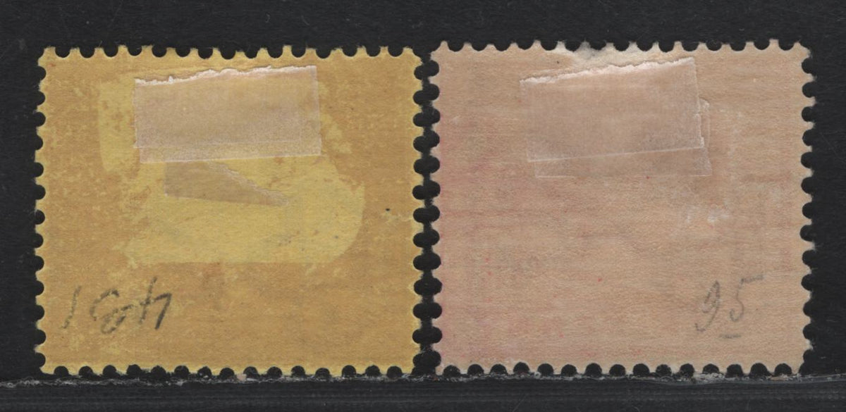 Lot 162 Australia - Victoria SG#311a, 355 (SC# 160, 182) 1/2d - 1.5d Aniline Rosine - Brown Red On Yellow , 1886-1899 Reading Stamp Duty Design Issue, 2 F/VFOG Singles, Perf 12.5x12, Perf 12.5comp12x12.5, V Over Rounded Crown Sideways Wmk