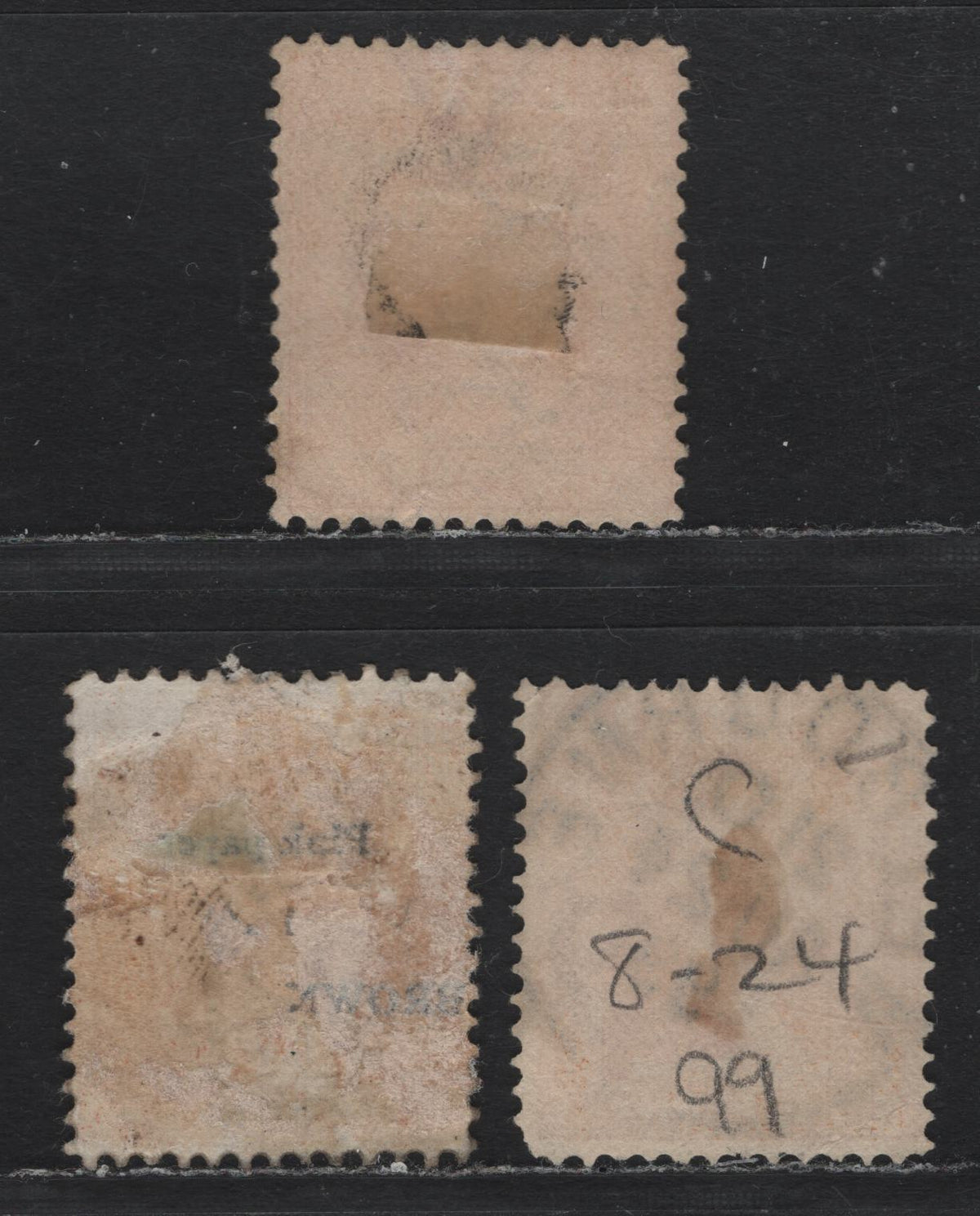 Lot 186 Australia - Victoria SG#332-a (SC# 169) 1d Brown Red - Brownish Orange , 1896-1899 Reading Design Stamp Duty Issue, 3 Fine/Very Fine Used Singles, V Over Crown (V3) Wmk, SON #44 & #67 Barred Numeral Cancels , SON Aug 241899 Melbourne CDS.