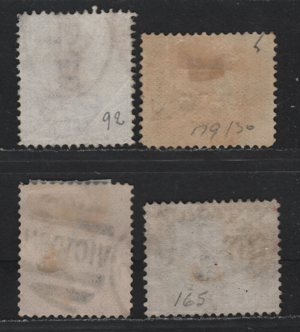 Lot 189 Australia - Victoria SG#333-334, 341 (SC# 162, 166, 179) 1.5d - 1/- Apple Green - Chocolate Brown , 1896-1899 Reading Design Stamp Duty Issue, 4 Fine/Very Fine Used Singles, V Over Crown (V3 - Narrow Crown)