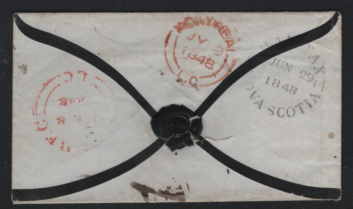 Lot 274 Canada A Fine Used Stampless Inter-Colonial Cover, Sent From Halifax On June 29 1848 To A Small Quebec Town Via Montreal & Quebec, Black Split Ring Backstamp For Nova Scotia & Red Back Stamps For Montreal & Quebec Dated July 8 & 9