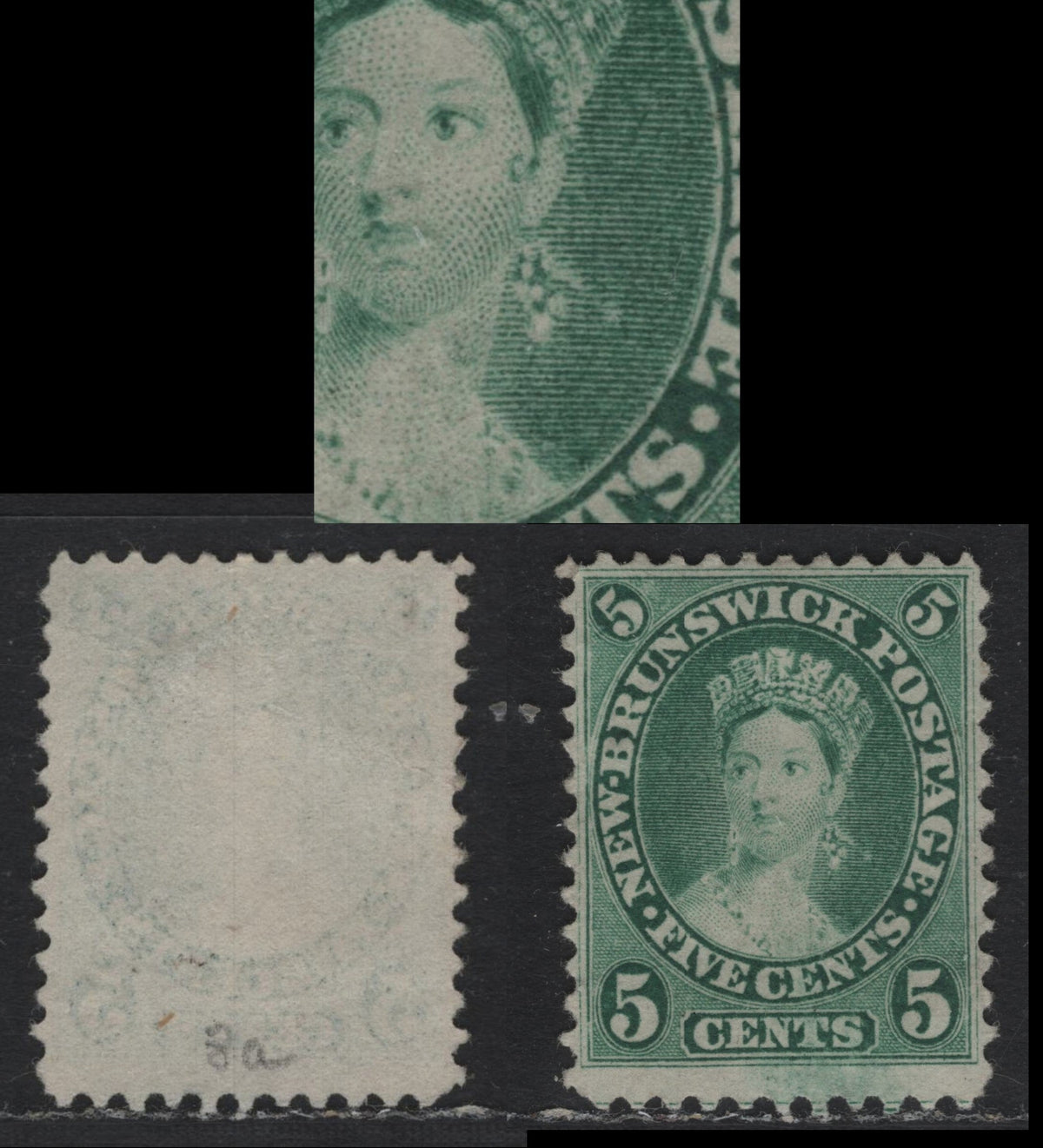 Lot 287 New Brunswick #8ii 5c Green, 1860 Cents Issue, A Very Good Unused Single, Cents-SSS Paper, Perf 11.75x12, Showing Scratch At Ear From Pos. 59, Light Diagonal Crease.