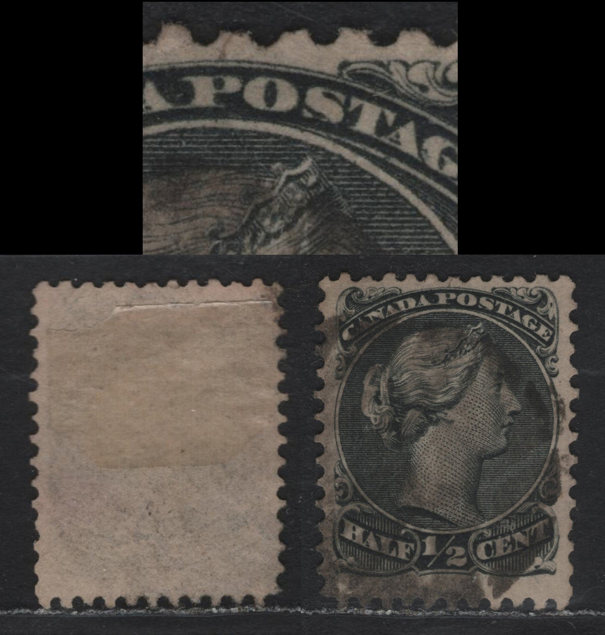 Lot 324 Canada #21i 1/2c Black, 1868 Large Queens Issue, A Fine Used Single On Paper MM-G (Thick Paper), Perf 12, Showing Spur Above P Of Postage