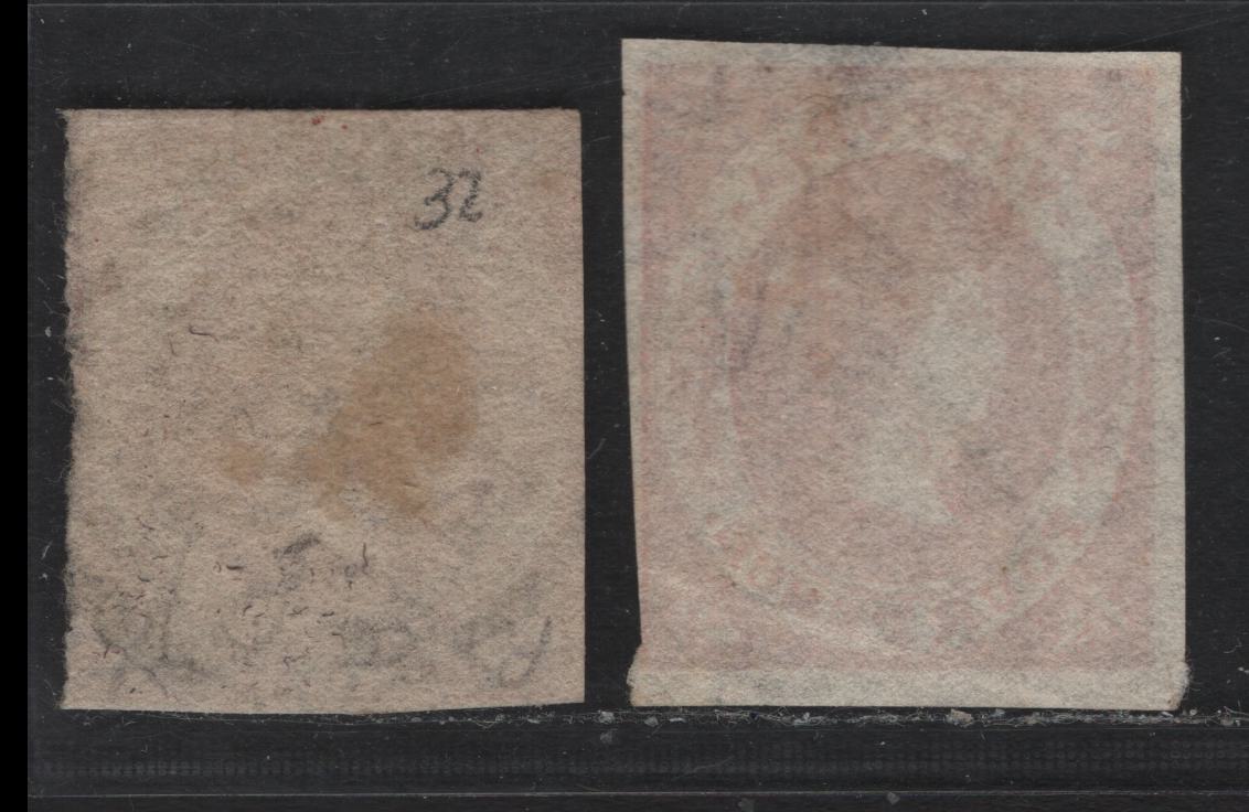 Lot 97 Australia - Victoria SG#43-44 (SC# 33-33a) 4d Dull Red - Dull Rose , 1857-1861 Imperf Emblems Issue, 2 Fine Used Singles, Large Star Wmk, Dull Red Has No Margins & Not Counted, Dull Rose Has 3 Clear To Large Margins, And Just Touching At LR.