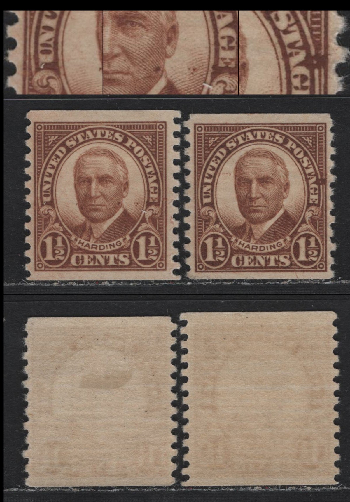 Lot 159 United States SC#686var 1.5c Yellow Brown , 1930 4th Bureau Issue, 2 VFOG Coil Singles, 12 Horizontal Gum Striations Per Inch, Showing Stray Ink Blobs, Both Unlisted In French.