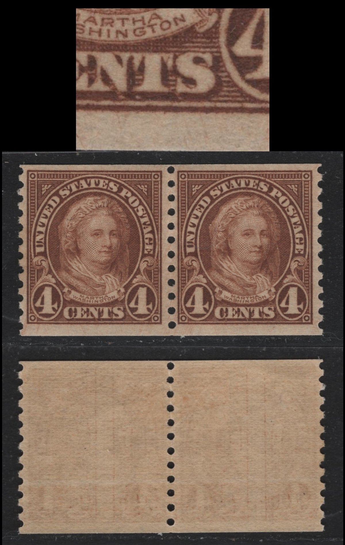 Lot 172 United States SC#601var 6c Yellow Brown , 1926-1934 4th Bureau Issue, A VFOG Coil Pair, Showing Cracked T Of Cents On Left Stamp, Unlisted In French, 12 Horizontal Gum Striations Per Inch.