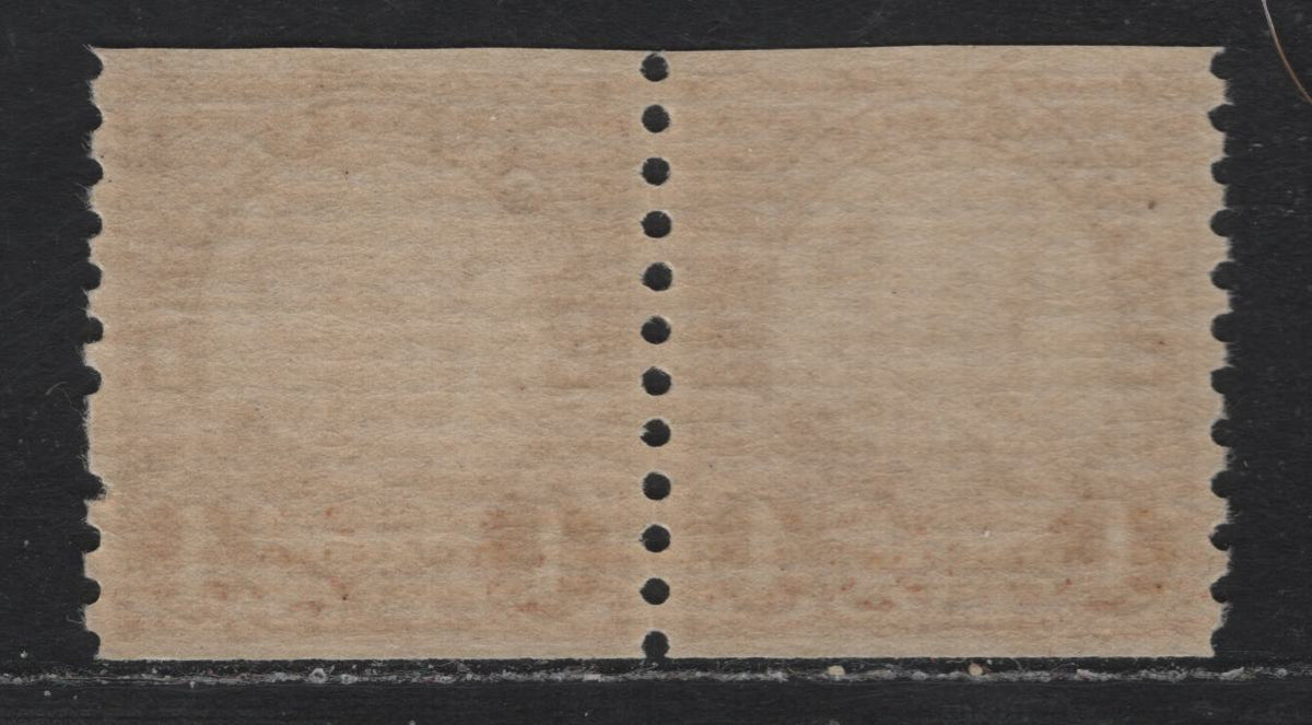 Lot 175 United States SC#687var 4c Yellow Brown , 1930 4th Bureau Issue, A XFNH Coil Line Pair, 12 Horizontal Gum Striations Per Inch, One Unpunched Perf At Right, Perf 10 Vertical.