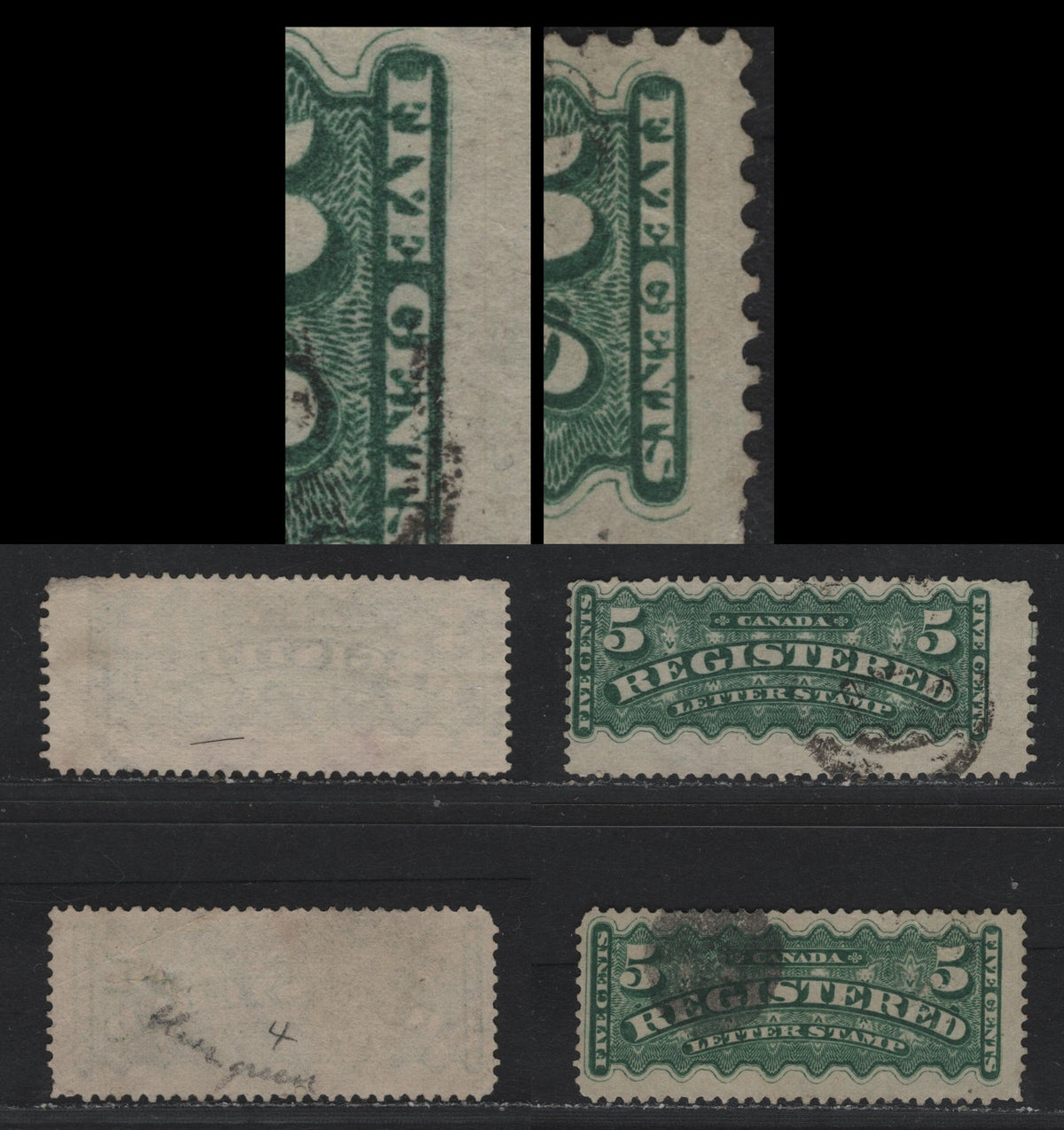 Lot 258 Canada #F2iii 5c Dark Green, 1875-1896 Registration Issue, 2 Good Used Singles, MG-H & MG-L Papers, Perfs 12.1x12.2 & 12.1x12, Both Showing Plate 3, Missing Frameline At Right, Dark Green Stamp Has Diagonal Crease At UR.