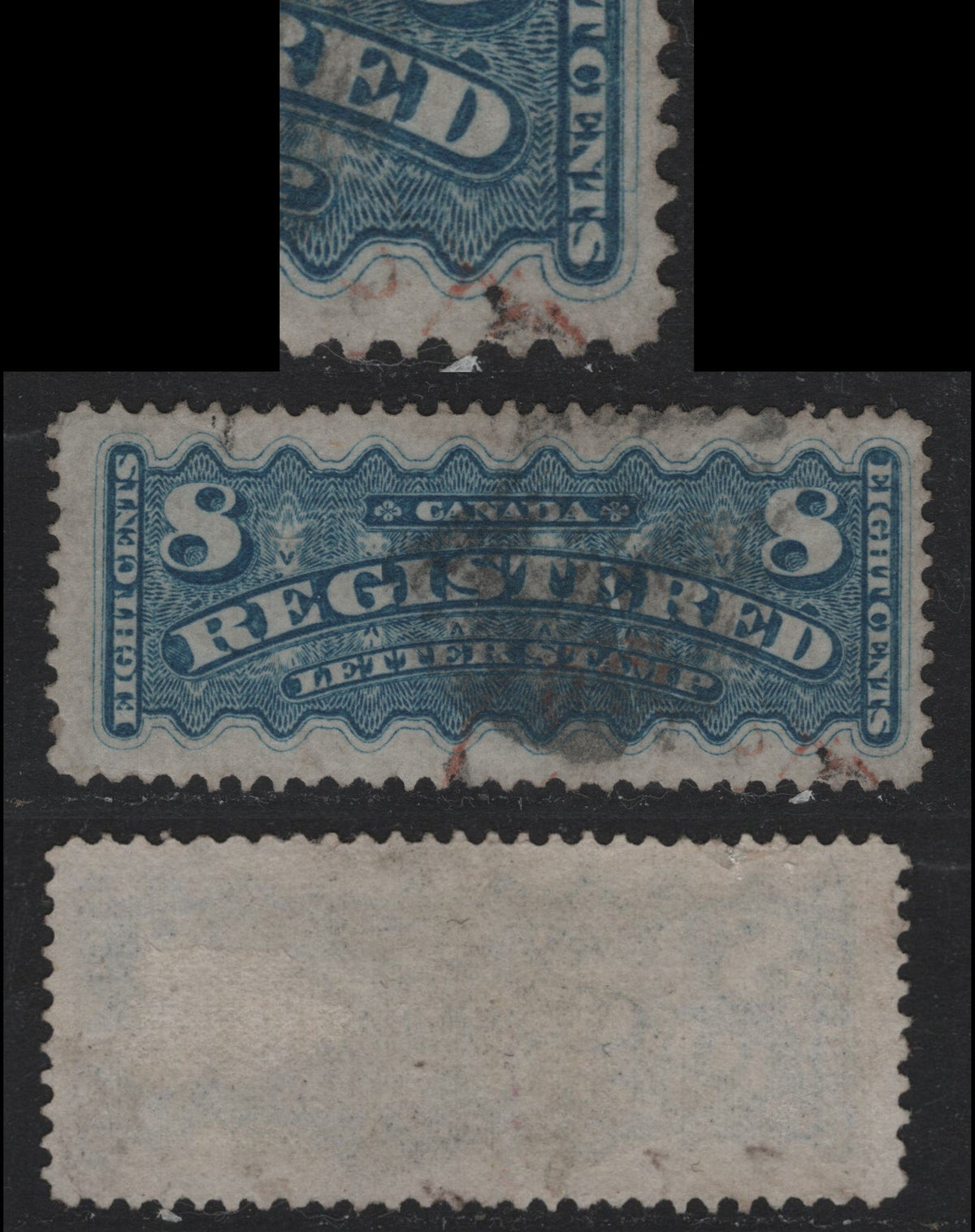 Lot 262 Canada #F3var 8c Dull Blue, 1875-1896 Registration Issue, A Fine Used Single, MM-Y Paper, Perf 12x11.9, Showing Faint Horizontal Guideline Through T of Cents.