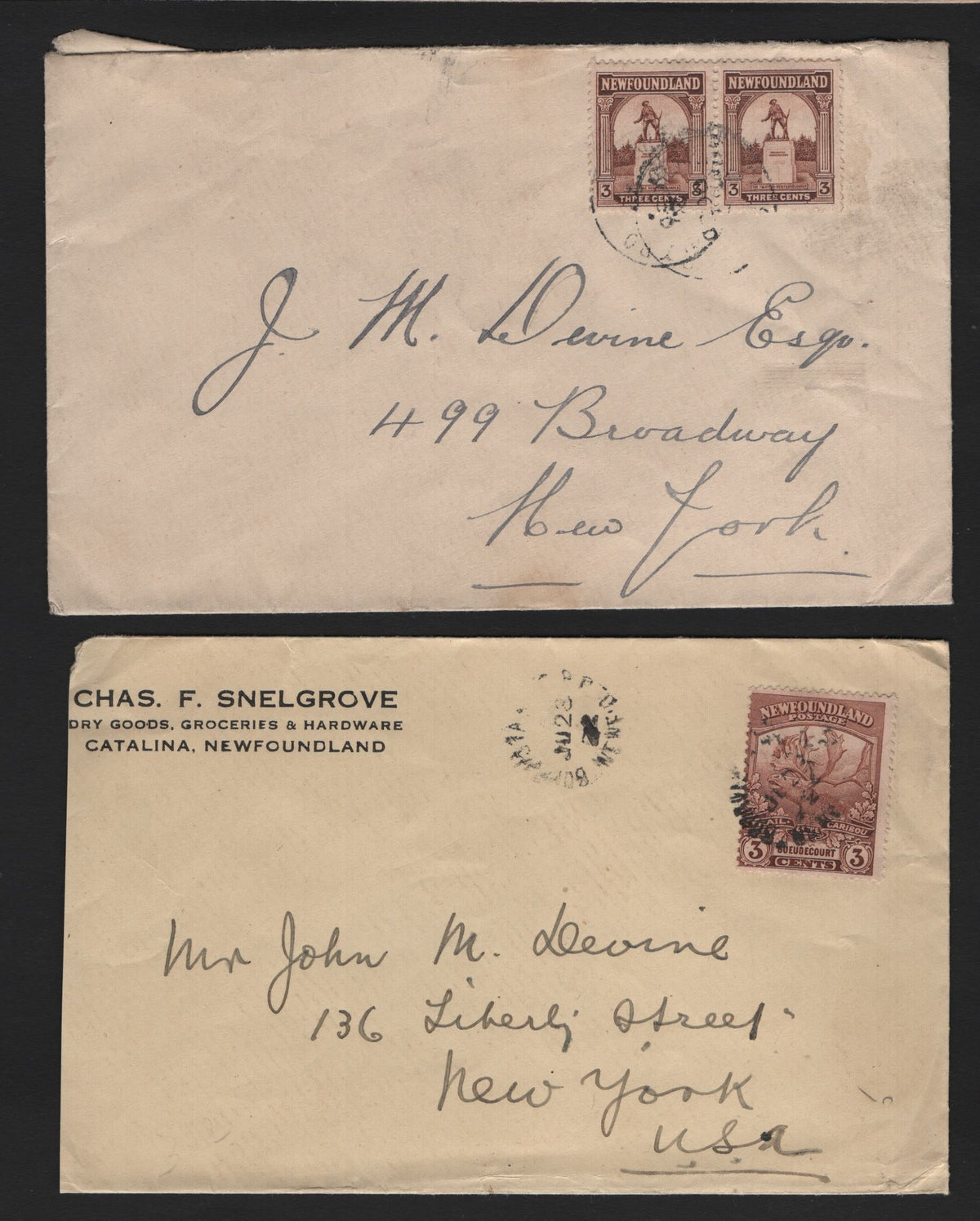 Lot 271 Newfoundland (C) #117, 133 3c Brown, 1919-1924 Trail of the Caribou - Pictorial Issues, 2 Fine/Very Fine Used Covers, Two Covers To New York, One Franked With Single 117 & One Franked With Pair of 3c War Memorial (Comb Perf)